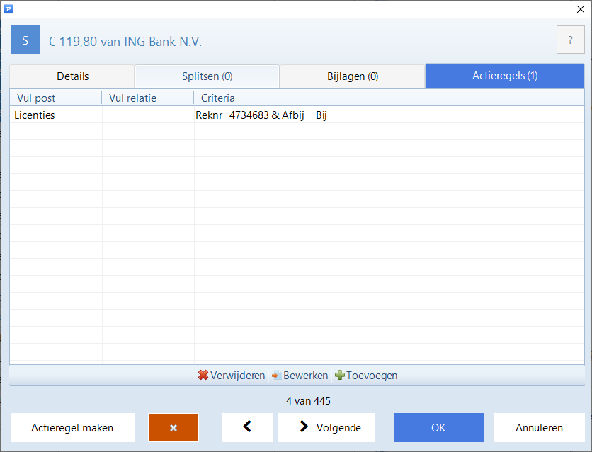 Voorbeeld van actieregel die gelden voor een transactie